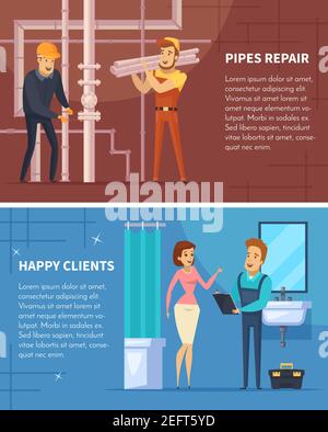 Plumber two horizontal banners with pipes repair and happy client flat compositions cartoon vector illustration Stock Vector