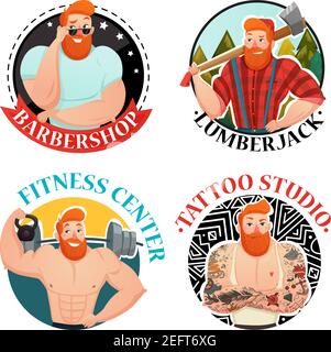 Four labels with brutal men and captions barbershop lumberjack fitness center and tattoo studio flat cartoon vector illustration Stock Vector