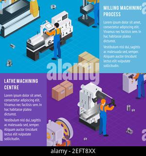 Metalworking lathe milling horizontal banners set with isometric images of manufacturing machine tool stations with human operators vector illustratio Stock Vector