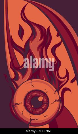 Single eyeball on fire in flames vector illustration Stock Vector