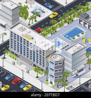 City landscape isometric composition with luxury hotel buildings pools and car parking  vector illustration Stock Vector