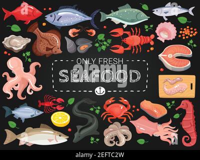 Seafood restaurant menu items colorful icons on black chalkboard with octopus salmon crab seahorse fish vector illustration Stock Vector