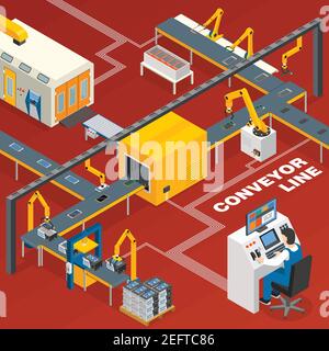 Conveyor line and operator isometric concept with machinery symbols on red background vector illustration Stock Vector