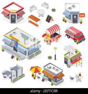 Set of street restaurant and cafe isometric icons with hot dog carts fast food truck and mini market isolated vector illustration Stock Vector