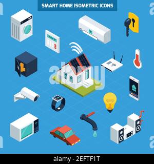 Smart home icons set on blue background isometric isolated vector illustration Stock Vector