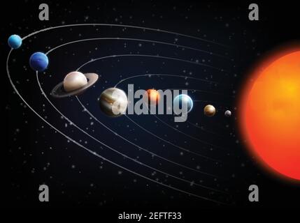 Realistic space background with all planets of the solar system on black fond vector illustration Stock Vector
