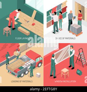 Different stages of apartment renovation 2x2 isometric design concept 3d isolated vector illustration Stock Vector