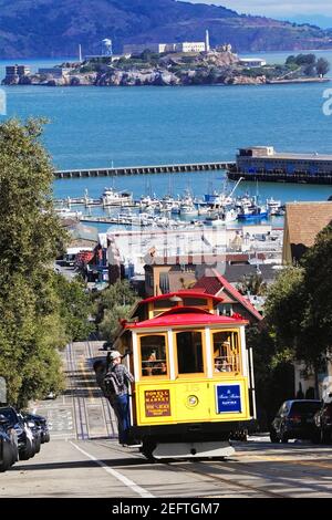 High Angle View of a Cable Car Traveling Up on a Hill, San Francisco, California Stock Photo