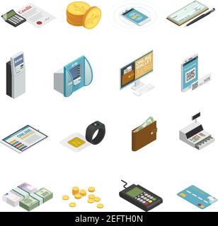 Payment methods isometric icons collection with cash banknotes coins credit bank cards and smartphones isolated vector illustration Stock Vector