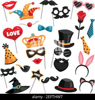 Colored and isolated carnival photo booth party icon set with masks of various characters vector illustration Stock Vector