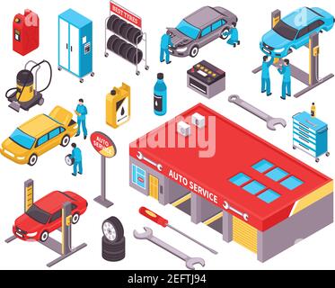 Auto service isometric icons set with cars diagnostic equipment repair tools garage space isolated vector illustration Stock Vector