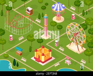 Amusement park seamless pattern with carousel medieval castle ferris wheel coaster isometric elements on summer nature background cartoon vector illus Stock Vector