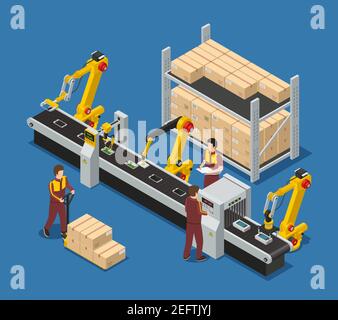 Electronics factory isometric composition with robotic conveyor line of touchscreen phones staff and package boxes vector illustration Stock Vector