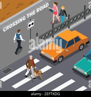 Blind person with cane and seeing eye dog on crosswalk cars waiting on road isometric vector illustration Stock Vector
