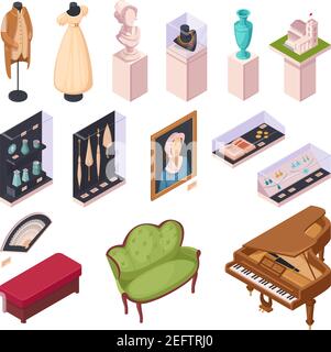 Museum exhibition isometric exhibits elements vector illustration ...