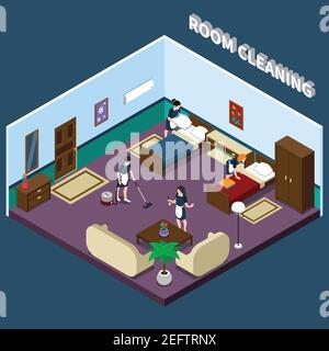 Cleaning hotel room isometric design with team of maids interior elements on dark background 3d vector illustration Stock Vector
