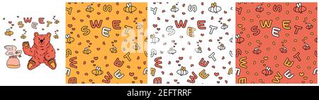 Set of three seamless vector patterns of outline cartoon bees, hearts, beehive, Sweet text. White, yellow, pink background. Bear, keg made of glass, smell of honey and bees are isolated separately Stock Vector