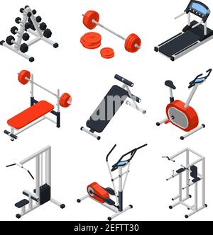 Gym equipment isometric set with training symbols isolated vector illustration Stock Vector