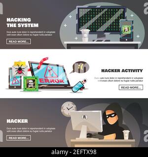 Hacker activity banners collection with flat computer security system damage images text and read more button vector illustration Stock Vector