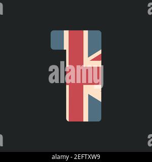 Capital number one with UK flag texture isolated on black background. Vector illustration. Element for design. Kids alphabet. Stock Vector