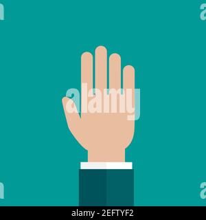 Hand points up isolated on turquoise background. Vote, point, show. Give, take concept. Goal achievement. Vector searching illustration. Stock Vector