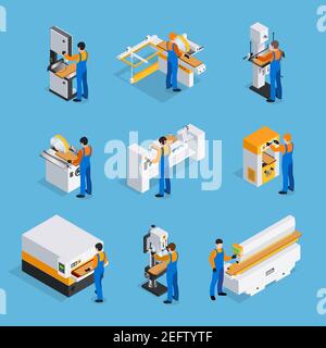 Woodwork isometric icons set on blue background isolated vector illustration Stock Vector