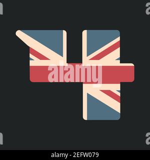 Capital number four with UK flag texture isolated on black background. Vector illustration. Element for design. Kids alphabet. Stock Vector