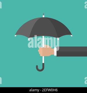 Businessman hand with open Umbrella. Flat icon isolated on turquoise. Flat design. Vector illustration. Protection and safety symbol. Support and sust Stock Vector