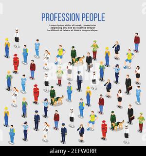 People background isometric composition of isolated human characters representing various occupations with shadows and editable text vector illustrati Stock Vector
