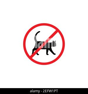 black cat in red crossed circle. Forbidden, unallowed sign. No animals, no pets. Stop sign. Vector flat icon isolated on white. icon with kitty paw fo Stock Vector