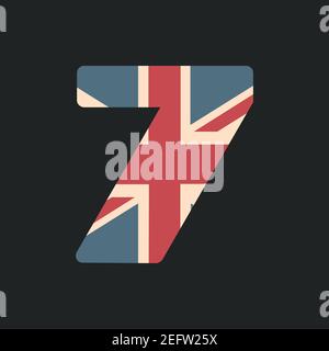 Capital number seven with UK flag texture isolated on black background. Vector illustration. Element for design. Kids alphabet. Stock Vector