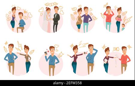 Marriage and divorce process round compositions set with partners couple doodle characters and hand drawn signs vector illustration Stock Vector