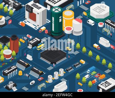 Colored semiconductor electronic components isometric city concept with different elements combined in city vector illustration Stock Vector