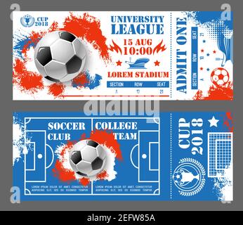 Soccer world cup 2018 tickets design template for football championship in red, blue and white Russia colors. Vector international tournament 15 Augus Stock Vector
