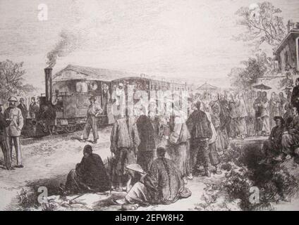 Opening of the first railway in China from Shanghai to Woosung Port, 1876. Stock Photo