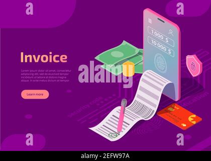 Invoice landing page or banner. Isometric smartphone with electronic bill, cash and banking card, receipt with signature and shield with lock sign on purple background. Security mobile payment concept Stock Vector