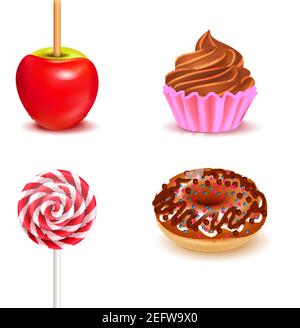 Fair sweets realistic set with toffee apple and lollipop donut cupcake on white background isolated vector illustration Stock Vector