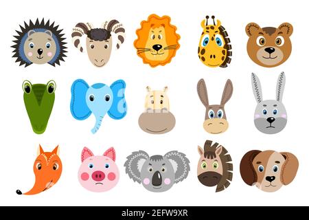 Set with colorful cute animal face. Hare, crocodile, koala, hippopotamus, bear, giraffe, horse, ram, pig, hedgehog, donkey, lion. Isolated objects Stock Vector
