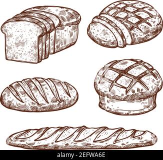 Bread sketch icons for bakery shop. Vector isolated set of wheat bagel or rye bun and croissant, baked fresh loaf pie or pastry baguette sliced and wh Stock Vector