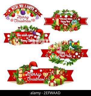 Merry Christmas and Happy New Year wish icons for winter holidays greeting card. Vector set of Christmas tree garland decorations of holly wreath with Stock Vector