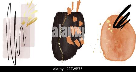 Original painting abstract texture, watercolor shapes, circle frames, orange black blobs, geometric arrangements Modern print set. Contemporary Logo. Stock Vector