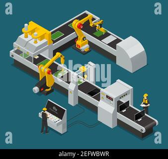 Colored electronics factory equipment staff isometric composition with workflow at the factory vector illustration Stock Vector