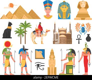 Egypt set of ancient egyptian idols statues and architectural structures flat isolated images on blank background vector illustration Stock Vector