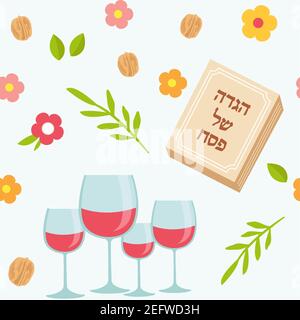 Pesah celebration concept , Jewish Passover holiday seamless pattern. Traditional Passover icons and symbols , four wine glasses, Matza, spring Stock Vector