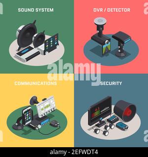 Four square car electronics autoelectronics isometric composition with sound system dvr detector communications and security descriptions vector illus Stock Vector