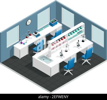 Scientific laboratory interior isometric  concept with desk to conduct the experiment and flask with chemical reagents vector illustration Stock Vector