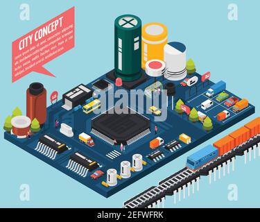 Colored technology semiconductor electronic components isometric city concept with city concept description vector illustration Stock Vector