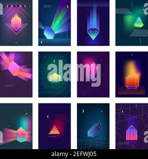 Geometric diamond prism shaped polygonal crystals bright glowing in the darkness colorful icons collection isolated vector illustration Stock Vector