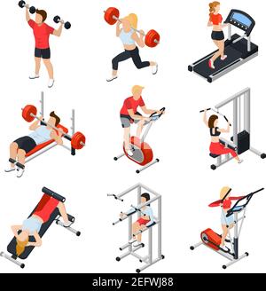 Gym and people isometric set with fitness symbols isolated vector illustration Stock Vector