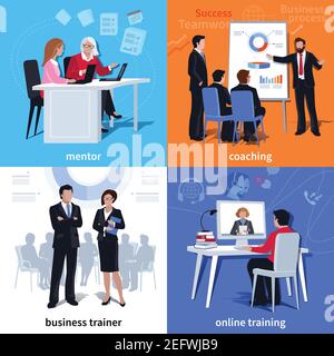 Flat compositions with mentor and student coaching business trainer and online learning isolated vector illustration Stock Vector
